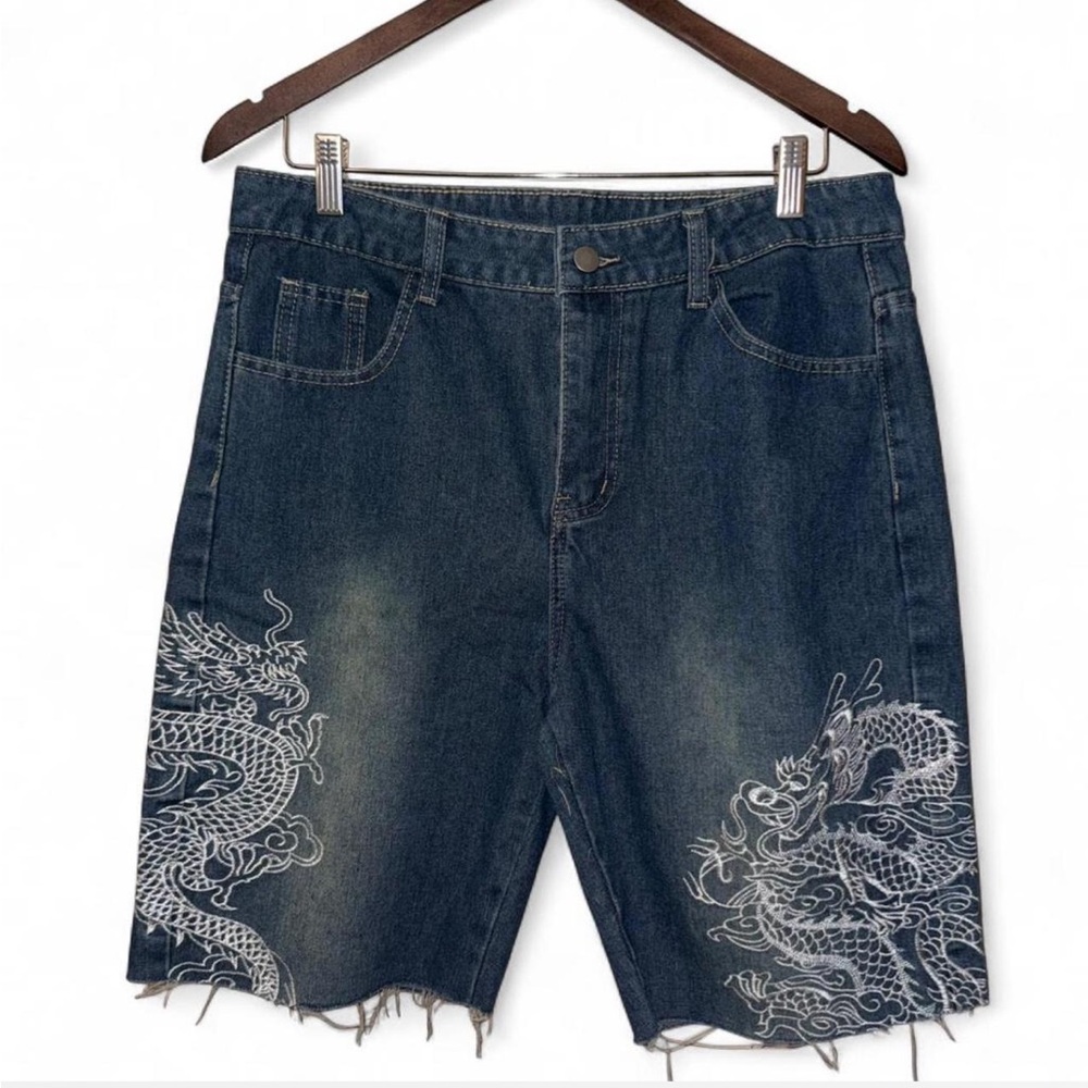 BOLD y2k Blue Denim Dragon Embroidered Jean Shorts - Unisex Style